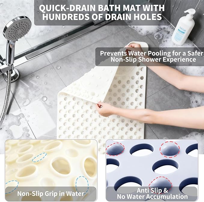 Bath Tub Shower Mat with Soft Shower Foot Scrubber Mat for Massage,Non Slip Bathtub Mat with Strong Suction Cups, Silicone Shower Foot Scrubber Mat (White, 27.5" X 15.7"(Rectangular))
