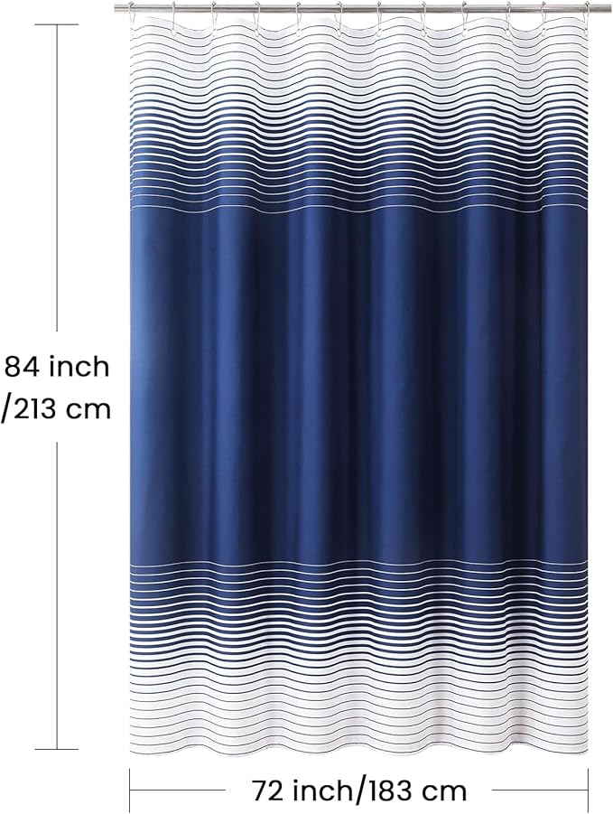 Extra Long Blue Shower Curtain, Modern Navy Blue and White Gradient Horizontal Stripe Waterproof Polyester Shower Curtains for Bathroom, 72x84 Inches