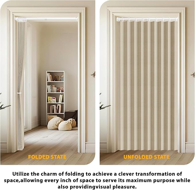 Accordion Door Curtain Set - 100% Blackout, with Curtain Rod Included, for Bedroom Privacy Protection (Beige-43 W x 78" L+Rod)