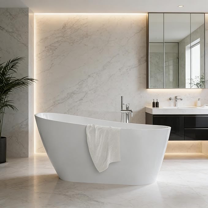 59'' Deep Soaking Acrylic Freestanding Bathtub, Modern White Tub for Bathrooms with Non-Slip Base, Chrome Drain, cUPC Certified Free Standing Bath Tub