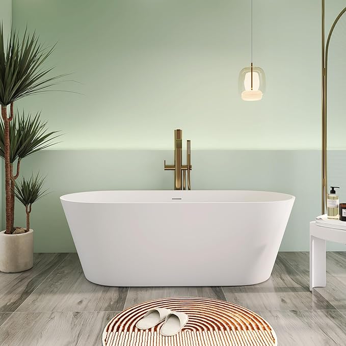 67" Premium Solid Surface Freestanding Bathtub, Upgraded Oval Stone Resin Soaking Tub with Overflow and Pop-up Drain, Matte White
