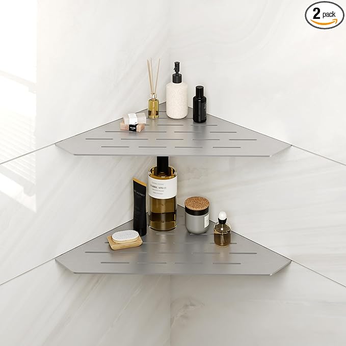 FerdY 2-Pack 10" Brushed Nickel Recessed Corner Shower Shelf, for Tiled Bathroom Walls, 304 Stainless Steel Floating Shelf, Shower Caddy Storage Shelves, No Drilling Required, Striped Diamond