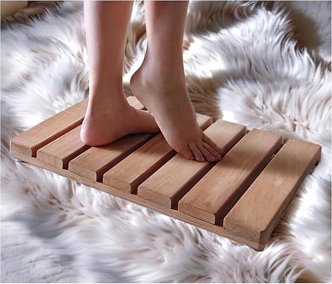 Teak Wood Shower Mat, Non-Slip Bathroom Floor Mat with Silicone Pads, 20.7x14.9 Inch, Water-Resistant for Indoor Outdoor Use, Natural Wood Bath Mat for Shower, Sauna, Pool