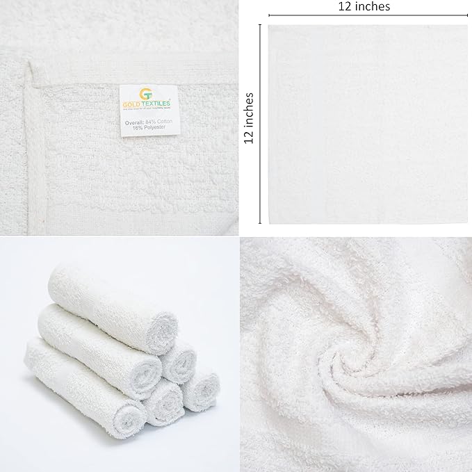 GOLD TEXTILES 24 Pack Economy White Washcloths Set (12x12 inches) - Cotton Blend Commercial Grade Cleaning Rags, Quick Drying & Soft Face Cloths, Fingertip Towels for Bathroom, Spa, Gym, and Kitchen
