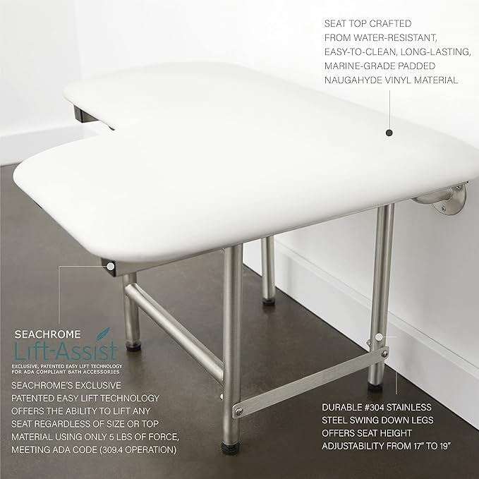 32" x 22.5" White Padded Wall Mount Folding Left-Handed Transfer Bench Shower Seat with Legs, ADA Compliant