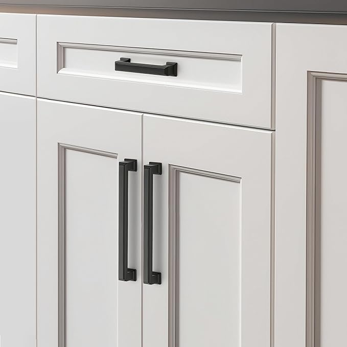 Ravinte Hardware 5 Pack Matte Black Cabinet Pulls, 6-1/4 Inch (160mm) Hole Center Zinc Alloy Drawer Handles for Kitchen Cabinets, Cupboards, Dressers, Square Solid Metal Hardware