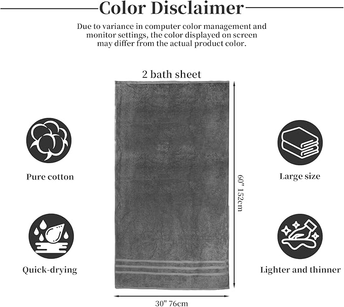 Cotton Bath Towel – Large 30x60 Inches, Soft, Thick & Absorbent Towel for Bathroom, Spa, or Home Use (Gray, 2 Pack – 30"x60")