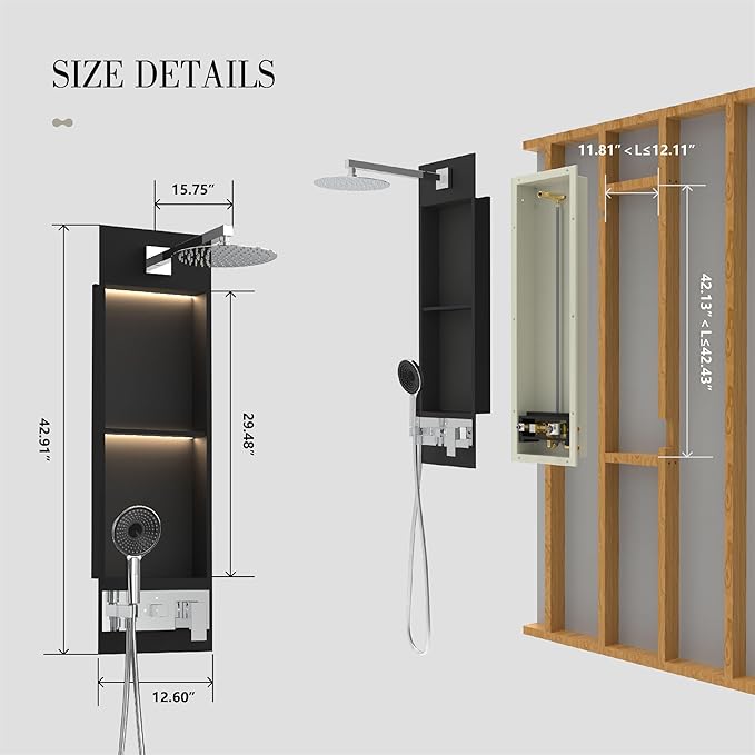 Shower Niche System w/LED Lights, Bathroom Shower System w/ 304 Stainless Steel Wall Niche