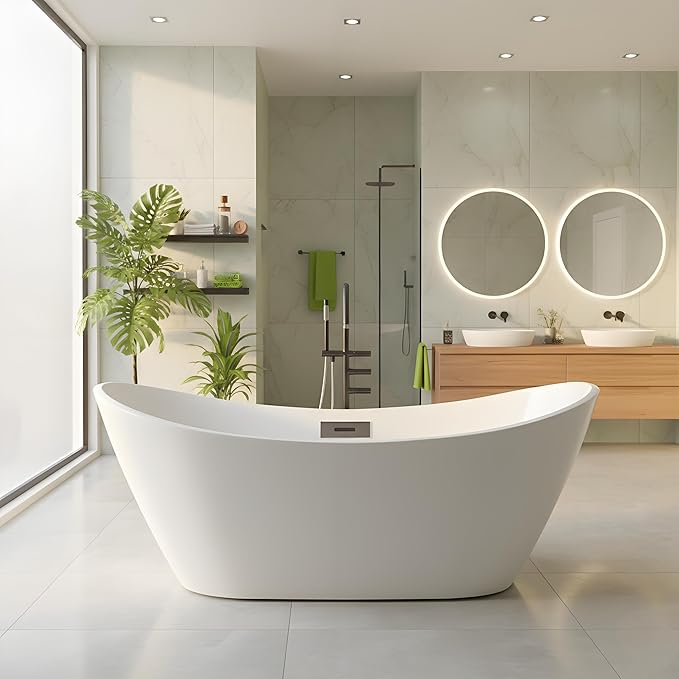 Freestanding Bathtubs 59 Inch Acrylic Soaking Tub, Oval White Stand Alone Bathtub with Chrome Drain and Overflow, Modern Freestanding Tub for Home Spa or Bathroom Remodel