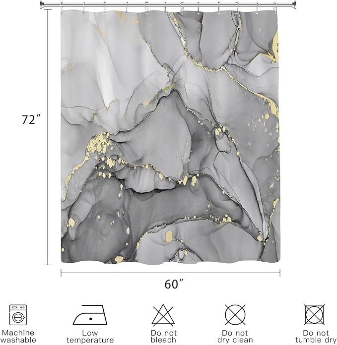 Grey Marble Shower Curtain 60x72, Modern Abstract Fabric Shower Curtains for Bathroom, Luxury Art Ink Texture Watercolor Cloth Shower Curtain Set with Hooks