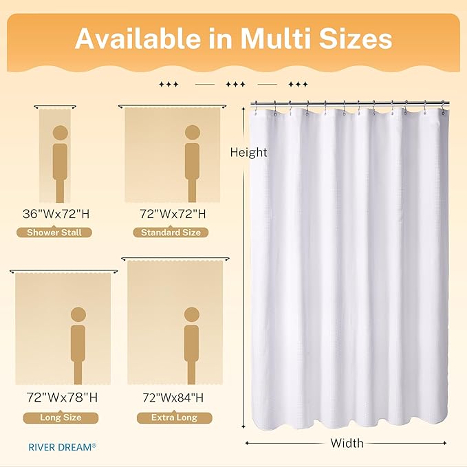 River Dream Extra Long Waffle 3 in 1 Shower Curtain Set, White Fabric Shower Curtain and Clear Liner Set with Double Sided Hooks, Waterproof, 72" W*84" H