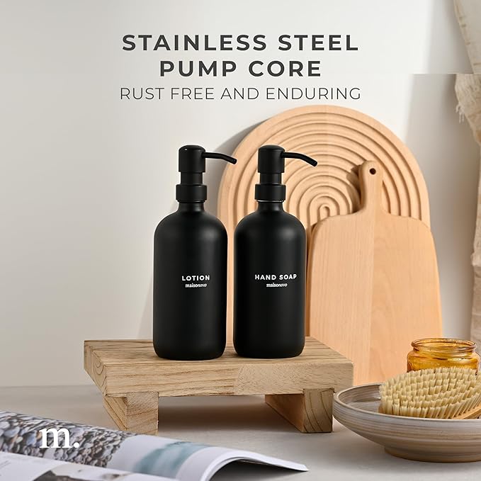 MaisoNovo Soap Dispenser 2-Piece Set | 16.9oz Black Bottles with Black Stainless Steel Pumps
