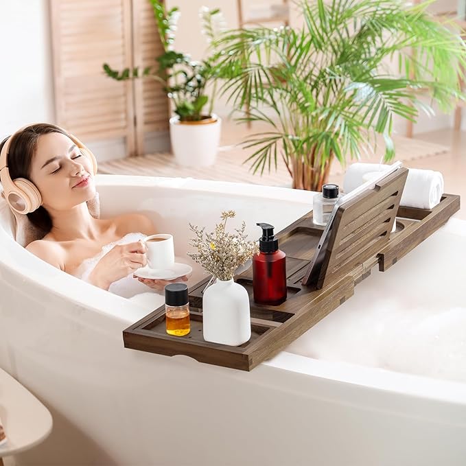 Teak Bathtub Tray - Luxury Bath Tray with Expandable Handles, Wine Glass and Phone Holders, Book Stand - Perfect for Home Spa Relaxation and Reading - Natural Bath Accessories - Dark Walnut Color