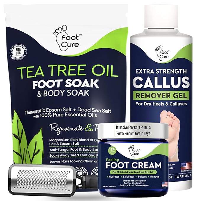 FOOT CURE Exfoliator & Callus Remover Pedicure Set – Care Kit Includes File for Dead Skin, Tea Tree Oil Soak Salts, Urea Cream 40 Percent Removal Gel Made in USA, Ivory, 4 Piece