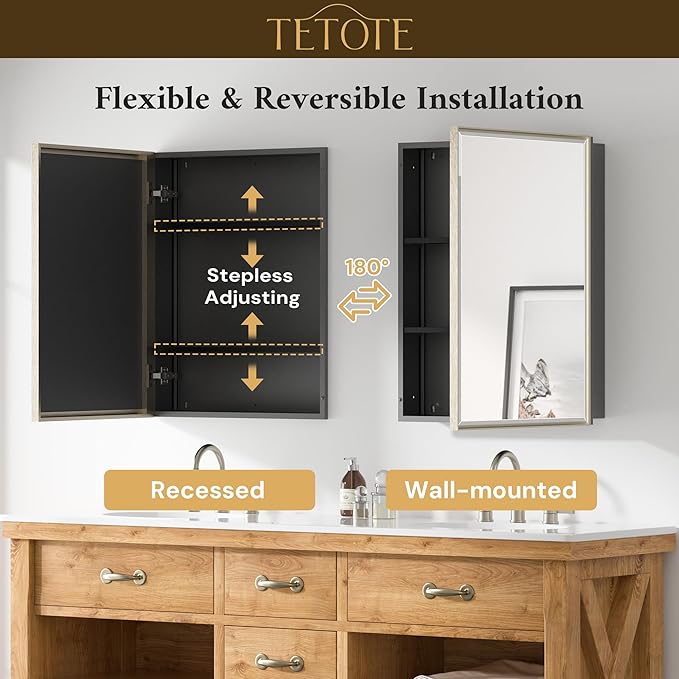 TETOTE 48" x 30" Brushed Nickel Medicine Cabinet Mirror with Storage Shelves Aluminum Alloy Frame with Beveled Edges Recessed or Wall-Mounted Rectangle Medicine Cabinet with Mirror