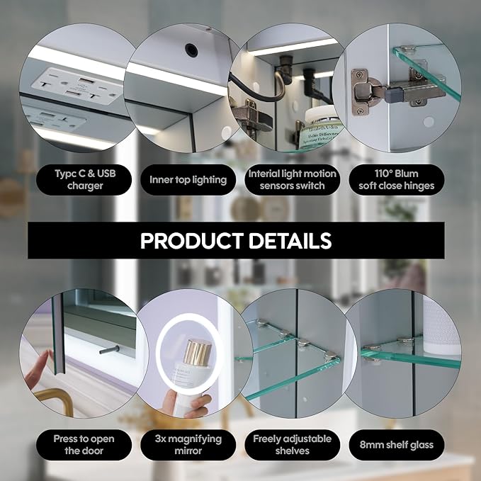 WELLFOR 48 x 32 Inch LED Medicine Cabinet with Lights, 3X Magnification Makeup Mirror, Bathroom Vanity Mirror Cabinet with Storage, Defogging Function, LED Medicine Cabinet Mirror, Three Opening Doors