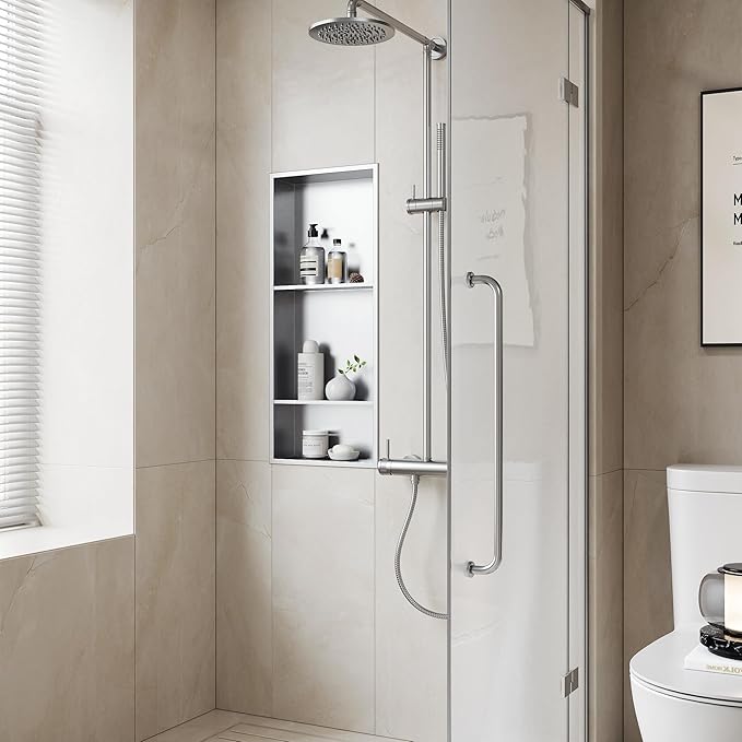 Neodrain 12X30 Inch Brushed Three Layers Stainless Steel Shower Niche, NO Tile Needed Recessed Niche Shelf for Bathroom Storage, 3-Tier Recessed Built-in Wall Niche
