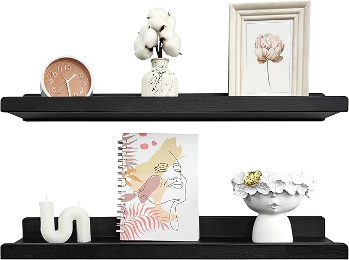 Wood Wedge Floating Shelves for Wall 24 inch, Photo & Picture Ledge, Black Modern Wall Storage Shelves with Lip, Kids Book Shelf, Shelves for Bedroom, Living Room, Bathroom, Kitchen, Set 2