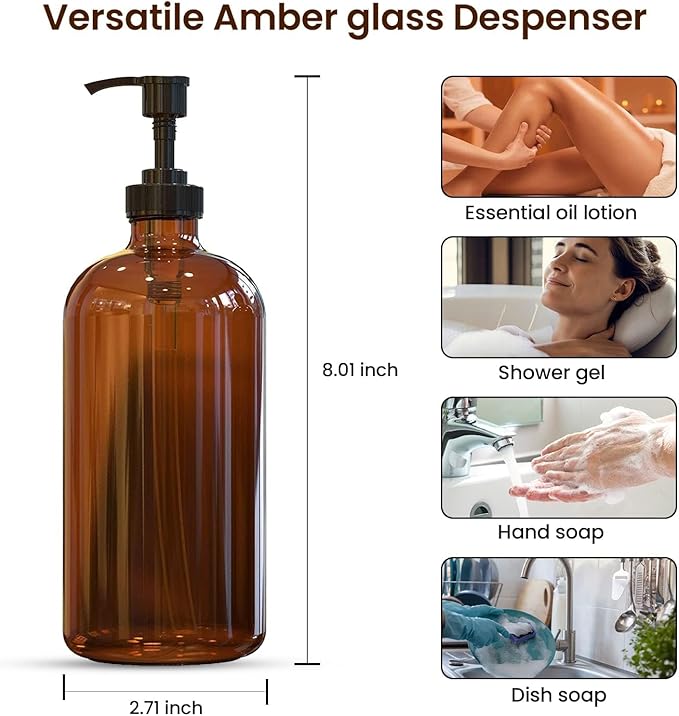 16 OZ Thick Amber Glass Soap Dispenser with Pump 2 Pack, Hand and Dish Soap Dispenser Set for Bathroom with 6 Waterproof Labels