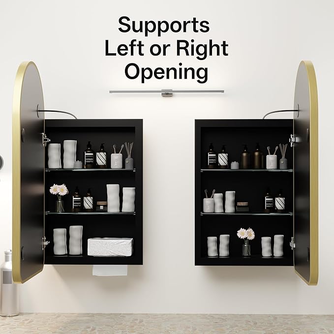 LED Arched Bathroom Medicine Cabinet with Mirror, No Assembly Needed, Recessed or Surface Mount Wall Storage Cabinet, Mirror Cabinet with Tissue Slot (Gold-LED, 31.5" L x 19.7")