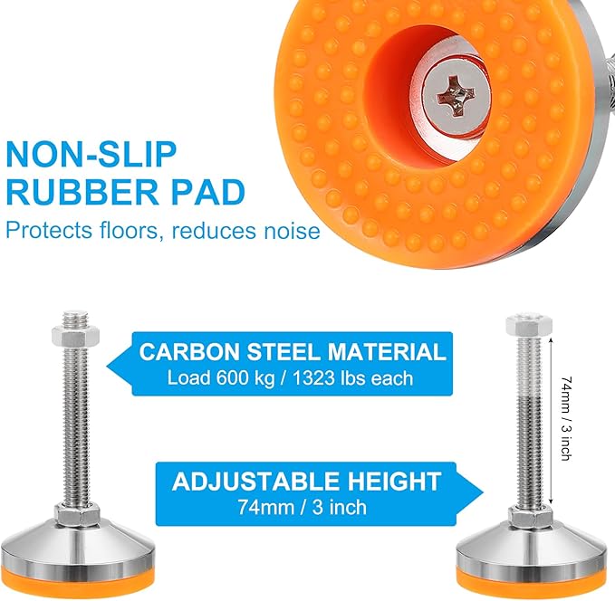 PATIKIL Furniture Leveling Feet 2.4" Dia Base M14 Thread, 4 Pcs Carbon Steel Adjustable Threaded Furniture Levelers Screw on Leg Leveler with Pads for Desk Chair Cabinet, Orange