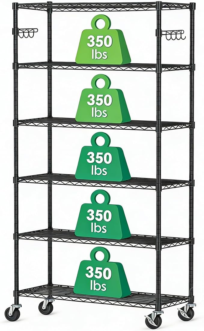 6 Tier Storage Shelves with Wheels Heavy Duty Wire Rolling Shelving Rack Organizer Garage Metal Steel Unit Adjustable Utility Commercial Sturdy Shelves for Kitchen Pantry Bathroom Closet Laundry