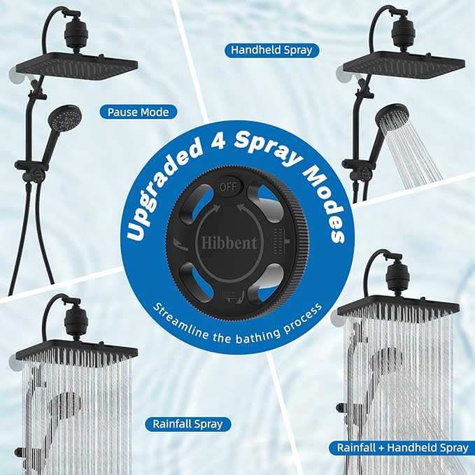 Hibbent 5-spray Dual Filtered Rainfall Shower Head Combo, High Pressure 13'' Showerhead with 10 Spray Mode Handheld, Easy Reach 4-way Diverter Shower Arm with Pause Mode, 71'' Hose and Holder, Black