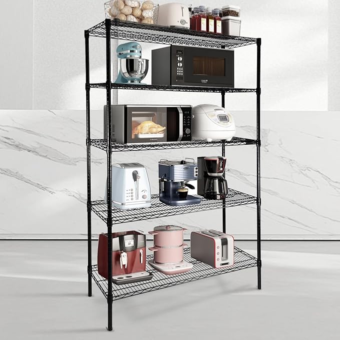 Heavy Duty 5-Tier Wire Shelving Adjustable Shelves Unit Metal Storage Rack Flat for Laundry Kitchen Pantry Garage Closet Organization (Black, 47.1" L x 17.6" W x 72.2" H)