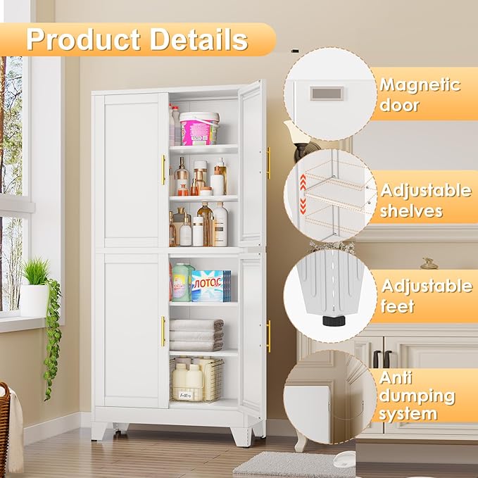 75" Tall Metal Kitchen Pantry Storage Cabinet, Freestanding Cupboard with 4 Doors and 4 Adjustable Shelves, Standing Storage for Kitchen, Bathroom, Garage, Dinning Room or Utility Room（White）