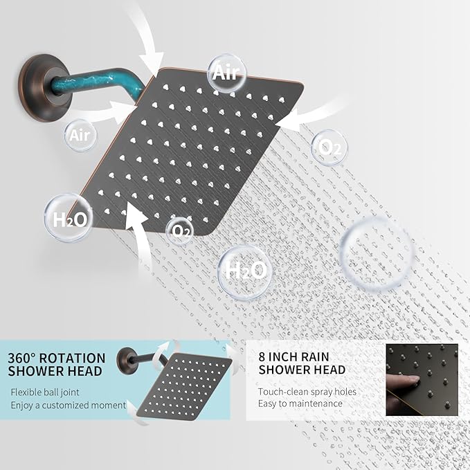 Temperature Display Oil Rubbed Bronze Shower System, Push Button Shower Faucet with Handheld Spray, Ceiling Mount 12 Inch and 8 Inch Wall Mount Shower Head, 6 PCS Body Jet