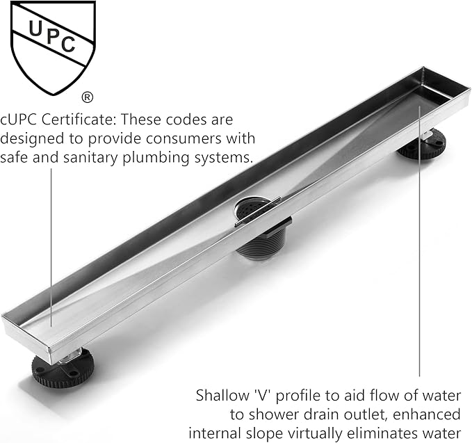 HEATGENE Linear Shower Drain 48-Inch, Stainless Steel Rectangle Shower Floor Drain with 2-in-1 Flat & Tile Insert Cover, Shower Drain with Leveling Feet & Hair Strainer, Brushed