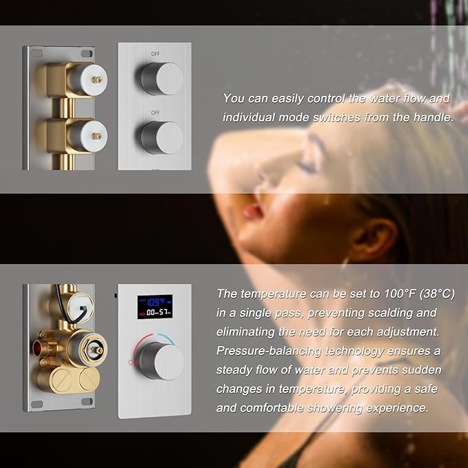 Digital Tempreature Display Full Body Shower System Wall Mounted 8 Inch Rain Shower System with 6 PCS Body Jets, Handheld Spray, Brushed Nickel Shower Fixtures