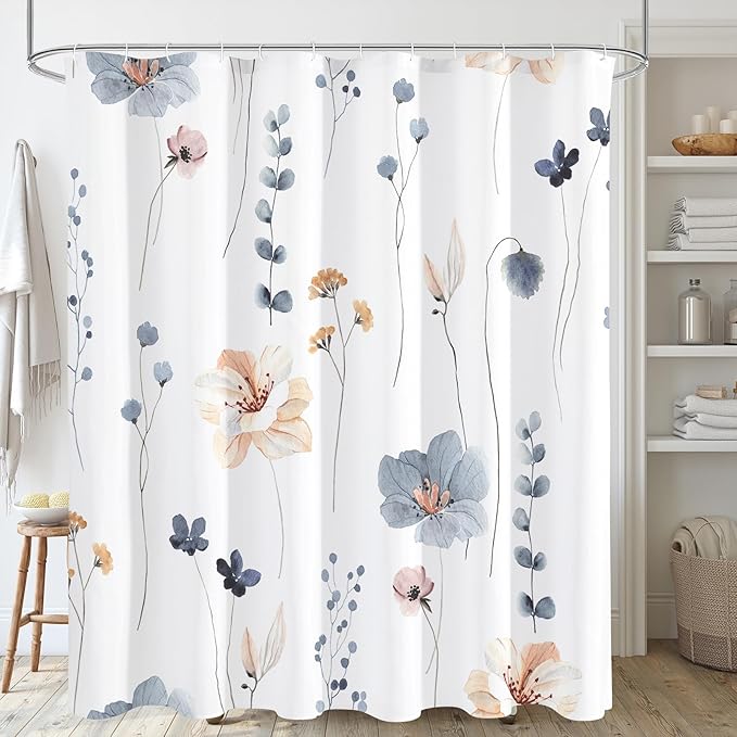 Gibelle Long Shower Curtain 72 x 78, Watercolor Floral Fabric Shower Curtain, Blue Beige Flower Decorative Bathroom Shower Curtain Set