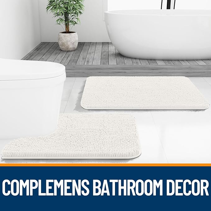 OLANLY Bathroom Rugs Sets 2 Piece, Soft Absorbent Chenille Bath Mats and U-Shaped Contour Toilet Mat Area Rug Set, Machine Washable Bath Carpet, Home Decor Accessories(24"x16"+24"x20", Ivory)