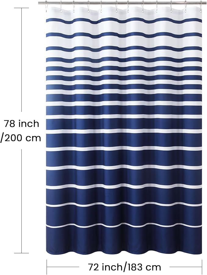 Blue Shower Curtain 78 Inches Long, Modern Navy Blue and White Stripe Waterproof Polyester Shower Curtains for Bathroom, 72x78 Inches