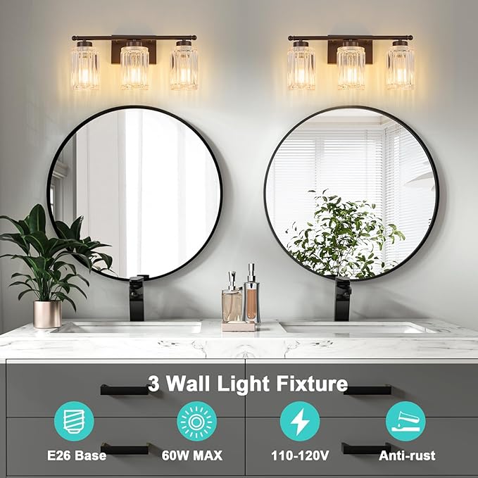 3 Light Bathroom Light Fixtures Modern ORB 18 Inch Vanity Lights for Bathroom Lighting Fixtures Over Mirror with Thickened Glass Shade for Cabinet Mirror Bedroom Hallway