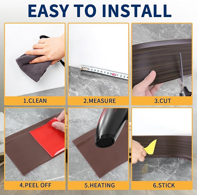 Flexible Baseboard Molding Trim 4 Inch Self-Adhesive Vinyl Wall Base Peel and Stick Cove Base Rubber Wall Baseboard Moulding Trim (200Ft, Brown Oak)