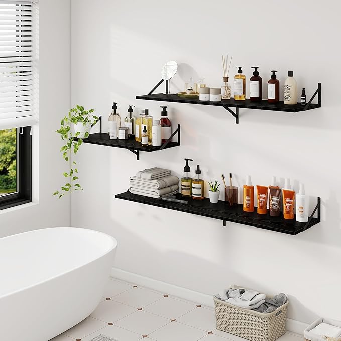 Dreamland Floating Shelves for Wall, 12 Inch Deep Floating Shelves Set of 2, 48W x 12D Large Wall Shelf with Sturdy Metal Brackets for Living Room, Bathroom, Bedroom and Kitchen, Black