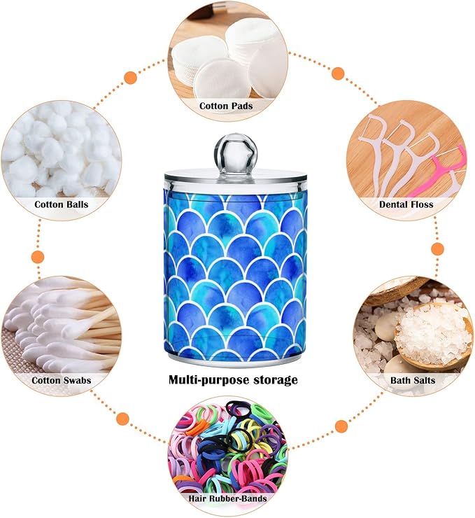 MNSRUU 4 Pack Qtip Holder Organizer Dispenser Blue Scales Of Mermaid Bathroom Containers Bathroom Vanity Storage Canister Apothecary Jars for Cotton Swabs/Pads/Floss