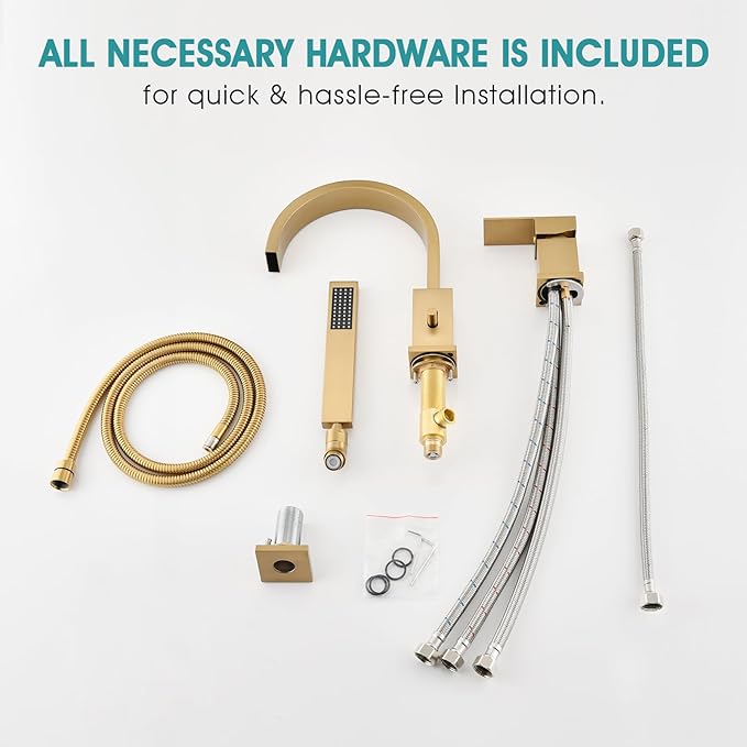 Brass Roman Tub Faucet with Sprayer, Deck Mount Bathtub Faucet with Hand Shower, 3 Hole Waterfall Faucet with 360 Spout, Single Handle Tub Filler with 8 GPM High Flow, Brushed Gold