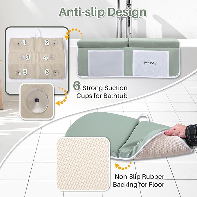 Baby Bath Kneeler and Elbow Rest Pad Set, 1.6'' Thick, Quickly Dry, Bathtub Kneeler Pad with Baby Toys & Bath Accessories Storage, Bath Kneeling Pad and Elbow Pad for Baby Tub Green