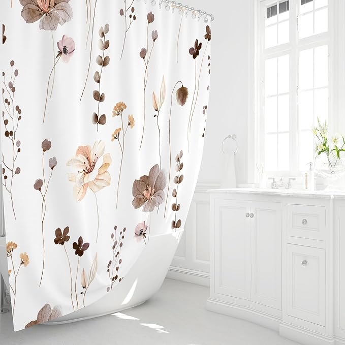 Gibelle Long Shower Curtain 72 x 78, Watercolor Floral Fabric Shower Curtain, Brown Beige Flower Decorative Bathroom Shower Curtain Set