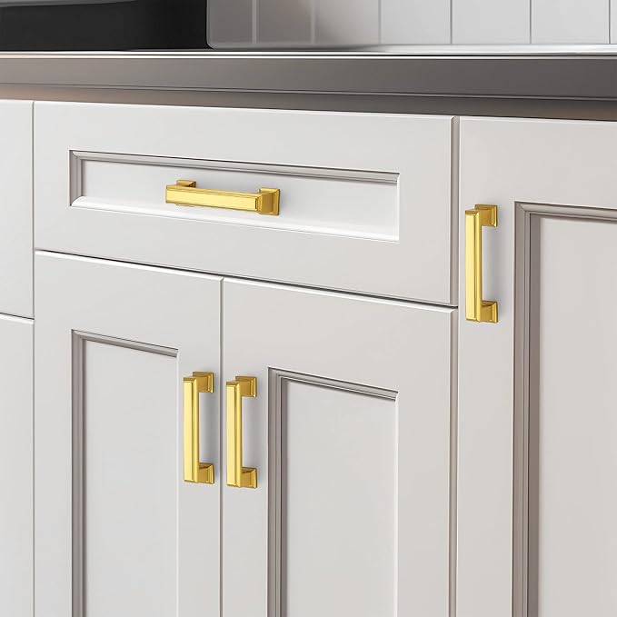Ravinte Hardware 15 Pack Brushed Brass Cabinet Pulls, 3 Inch (76mm) Hole Center Zinc Alloy Drawer Handles for Kitchen Cabinets, Cupboards, Dressers, Square Solid Metal Hardware
