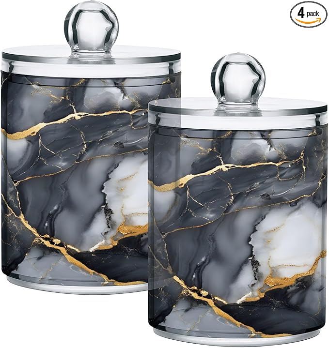MNSRUU 4 Pack Qtip Holder Organizer Dispenser Abstract Black White Gold Marble Bathroom Containers Bathroom Vanity Storage Canister Apothecary Jars for Cotton Swabs/Pads/Floss