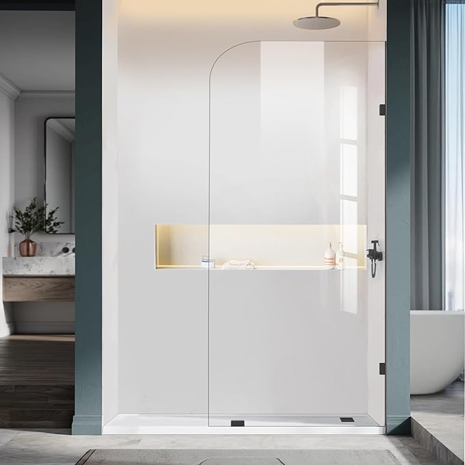 Frameless Shower Door, 36" W ×76" H Fixed Shower Glass Panel with Clamps, 5/16"(8mm) Glass Shower Doors, Clear Tempered Bathroom Shower Screen in Matte Black