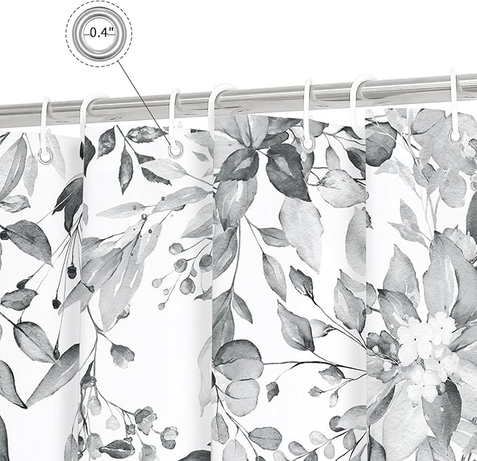 Gibelle Long Shower Curtain 72 x 78, Grey Floral Shower Curtain for Bathroom, Watercolor Plant Eucalyptus Leaves Fabric Shower Curtain Set