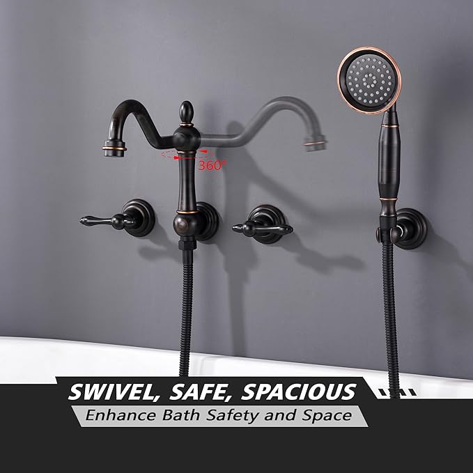 SUMERAIN Oil Rubbed Bronze Wall Mount Bathtub Faucet with Hand Held Shower, Classic High Flow Tub Filler, Rough-in Valve Included