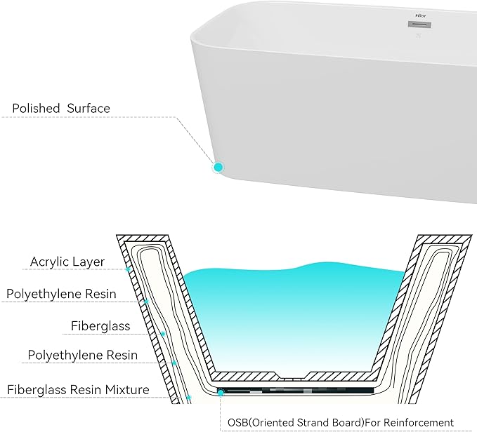 FerdY Maui 67" Freestanding Bathtub Elegant Freestanding Soaking Bathtub, Glossy White, cUPC Certified, Toe-Tap Chrome Drain & Overflow Assembly Included, 02563
