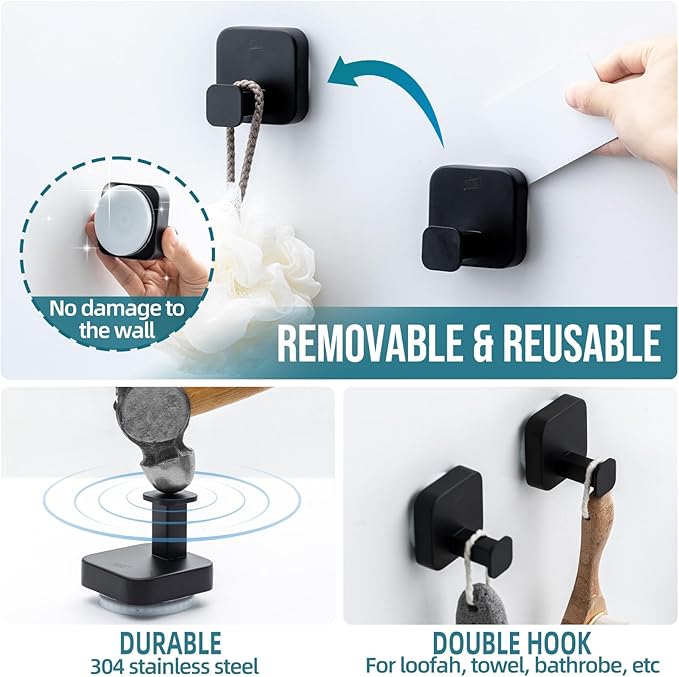 TAILI Thickened 304 Stainless Steel Bathroom Suction Hook for Towel, Loofah, Bathrobe, Patented Strong Suction Cup Holder, Damage-Free Hanging Glass Shower Wall Hook, Hold Up to 11 Lbs, 2 Pack, Black