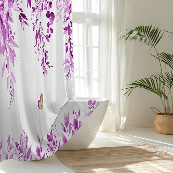 No Hook Shower Curtain and Liner Set, Purple Eucalyptus Floral Shower Curtains for Bathroom, Bath Curtain Sets with Snap in Liner, Waterproof with See Through Top Window, 71x77 Inches